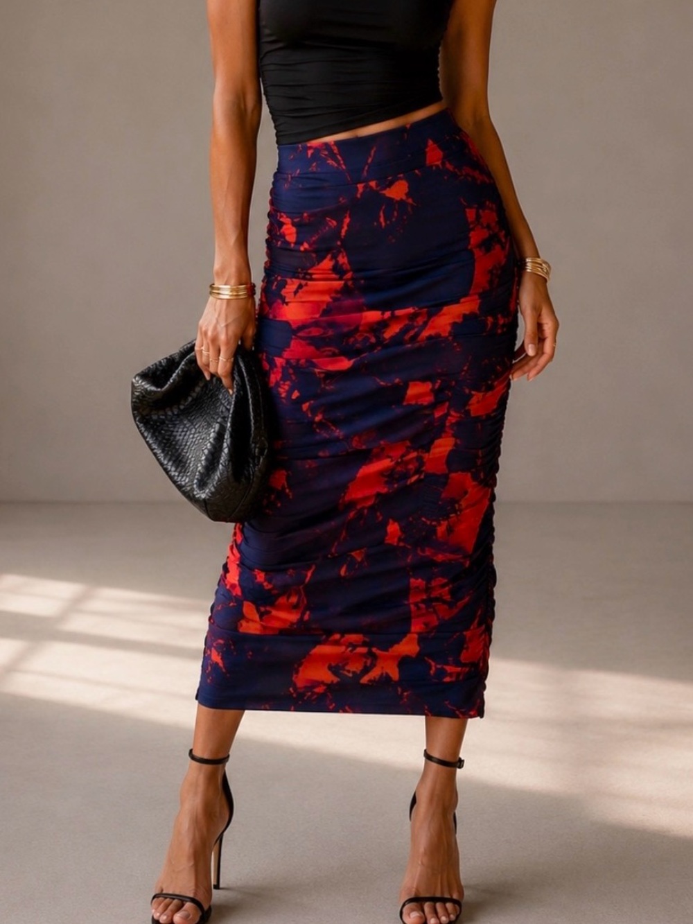 Revolve LAMARQUE Heatwave Abstract Print Ruched Mesh Midi Skirt Size L